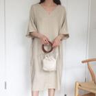 V-neck Linen Blend Midi Dress