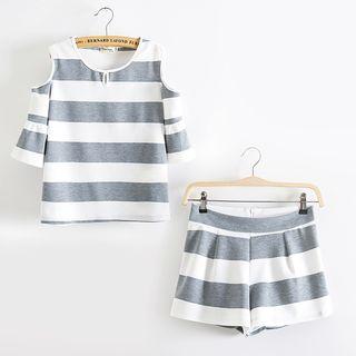Set : Cutout Shoulder Stripe Top + Shorts