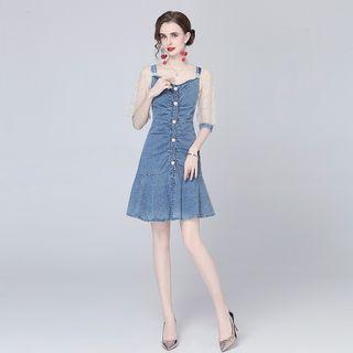 Puff-sleeve Paneled Shirred A-line Denim Dress