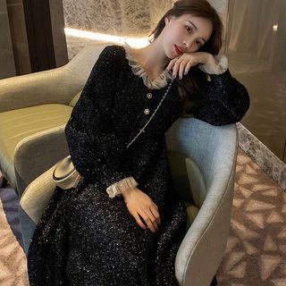 Mesh Trim Glitter Long-sleeve A-line Midi Dress