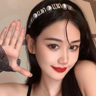 Rhinestone Beaded Headband Black - One Size