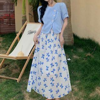 Buttoned Puff-sleeve Shirt / High-waist Printed Semi Skirt