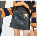 Star Applique Faux Leather A-line Skirt