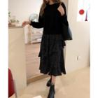Inset Pullover Layered Polka-dot Skirt Black - One Size