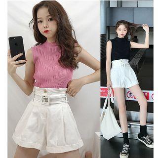 Mock-neck Knitted Top / High Waist Wide-leg Shorts