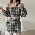 Long-sleeve Plaid Blouse / Mini Fitted Skirt