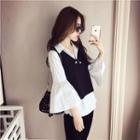 Set: Bell-sleeve Shirt + Embellished Vest