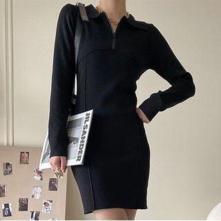 Zip Lapel Sheath Dress Black - One Size