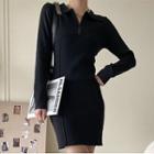 Zip Lapel Sheath Dress Black - One Size