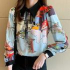 Long-sleeve Tie-front Collared Chiffon Blouse