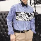 Cartoon Print Panel Pinstriped Shirt