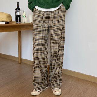 Plaid Wide-leg Pants Plaid - Khaki - One Size