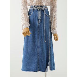 Puff-sleeve Floral Print Ruffled Blouse / Midi A-line Denim Skirt / Chain Belt