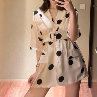 Elbow-sleeve Polka Dot Chiffon Blazer