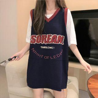 V-neck Lettering Tank Top / Elbow-sleeve T-shirt
