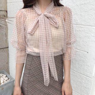 Set: Tie-neck Gingham 3/4-sleeve Blouse + Bandeau + Vest