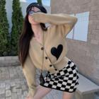 Heart Print Cardigan / Checker Print A-line Skirt / Set