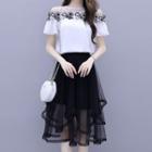 Set: Short-sleeve Cold Shoulder Floral Applique Top + Midi A-line Mesh Skirt