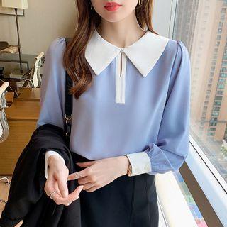Long-sleeve Wide Collar Two-tone Blouse