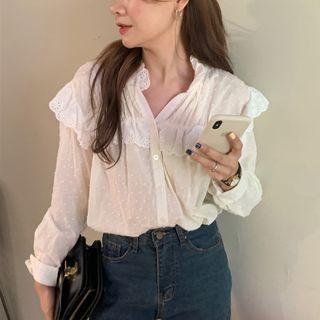 Eyelet Ruffle Trim Long-sleeve Blouse