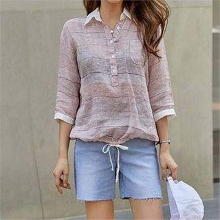 Half-placket Drawstring-hem Linen Shirt