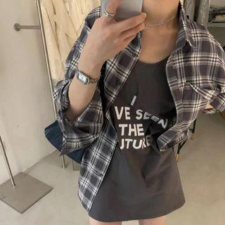 Lettering Mini Tank Dress / Plaid Shirt