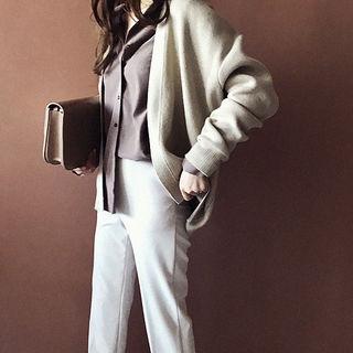 Drop-shoulder Wool Blend Robe Cardigan With Sash