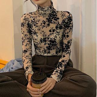 Mock-neck Floral Top Almond - One Size