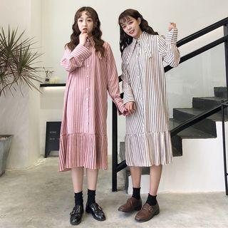 Single-breasted Long-sleeved Striped Long Sheath Dress