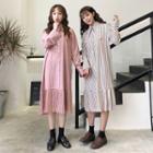 Single-breasted Long-sleeved Striped Long Sheath Dress