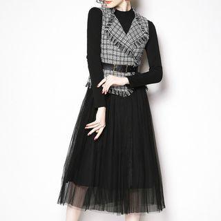 Set: Mock-neck Long-sleeve A-line Dress + Tweed Panel Sleeveless A-line Dress