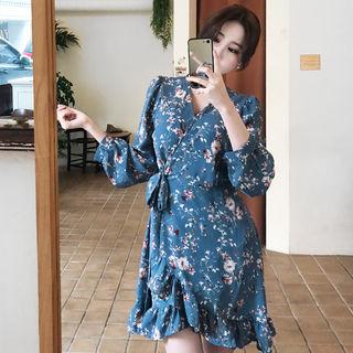 Floral Print Wrap Dress Sky Blue - One Size
