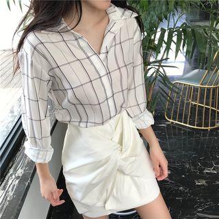 Set: Plaid Shirt + High Waist A-line Skirt