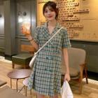 Short-sleeve Plaid Double Breasted A-line Dress Green - One Size