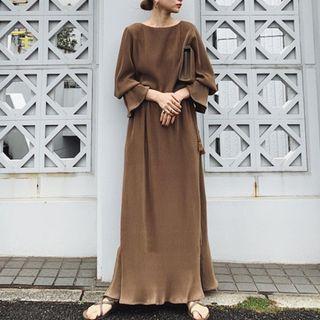 3/4-sleeve Midi A-line Dress Brown - One Size