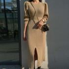 Puff-sleeve Slit-front Long Knit Dress With Sash