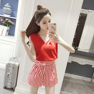 Set: Embroidered Sleeveless Top + Pinstripe Shorts