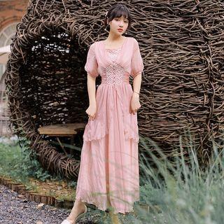 Short-sleeve Floral Embroidered Midi Chiffon Dress
