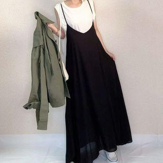 Spaghetti-strap Plain Jumper Dress Black - One Size