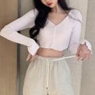 Long-sleeve Button-up Knit Crop Top White - One Size