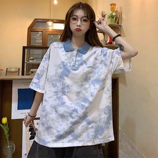 Elbow-sleeve Tie Dye Collared T-shirt