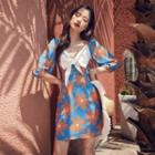Flower Print 3/4-sleeve Mini A-line Dress