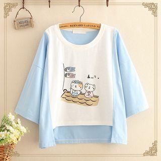 Raglan-sleeve Cat Print Dip-back Top