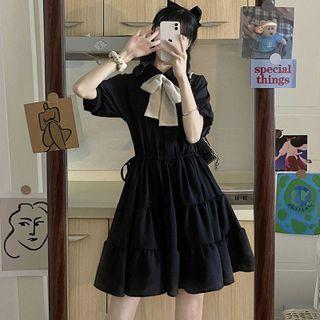 Short-sleeve / Long-sleeve Drawstring-waist Tiered Mini A-line Shirtdress