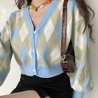 V-neck Lantern-sleeve Color-block Argyle Cardigan