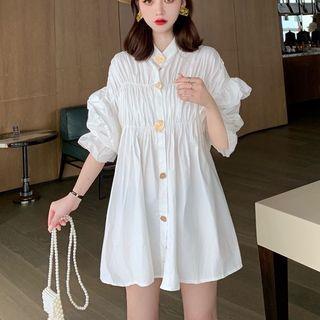 Long-sleeve Button Plain Dress White - One Size
