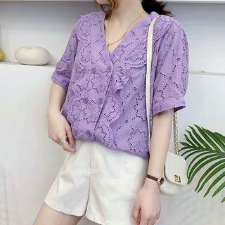 V-neck Ruffled-trim Perforated Blouse