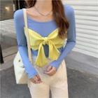 Long-sleeve Tie-front Two-tone Top Blue - One Size