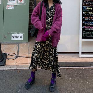 Long-sleeve Floral Printed Dress / Long-sleeve Knit Cardigan