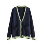Color Panel Cardigan Navy Blue - One Size